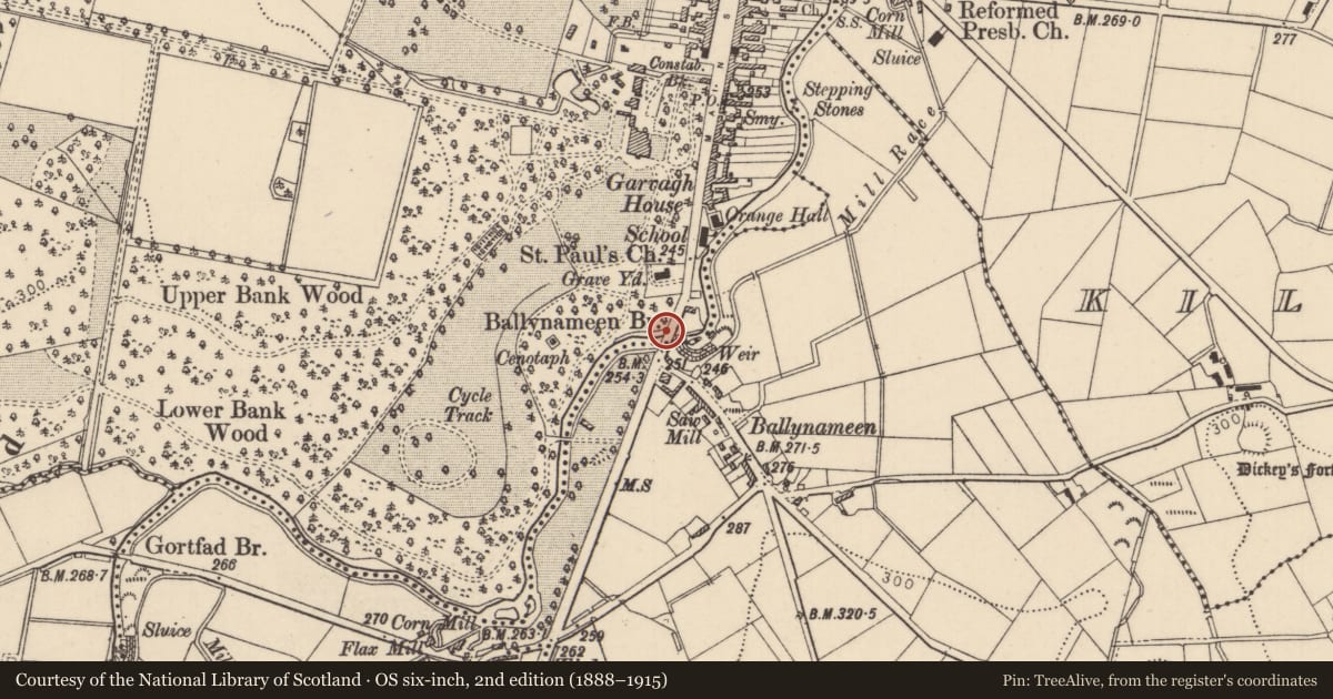 Ordnance Survey six-inch map, 2nd edition (1888–1915) covering the location of Ballynameen Bridge, Ballynameen Garvagh, Causeway Coast and Glens, with a pin at the register's coordinates
