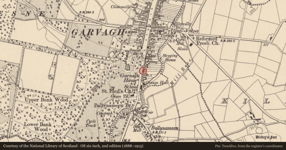 Ordnance Survey six-inch map, 2nd edition (1888–1915) covering the location of 137 Main Street, Causeway Coast and Glens, with a pin at the register's coordinates