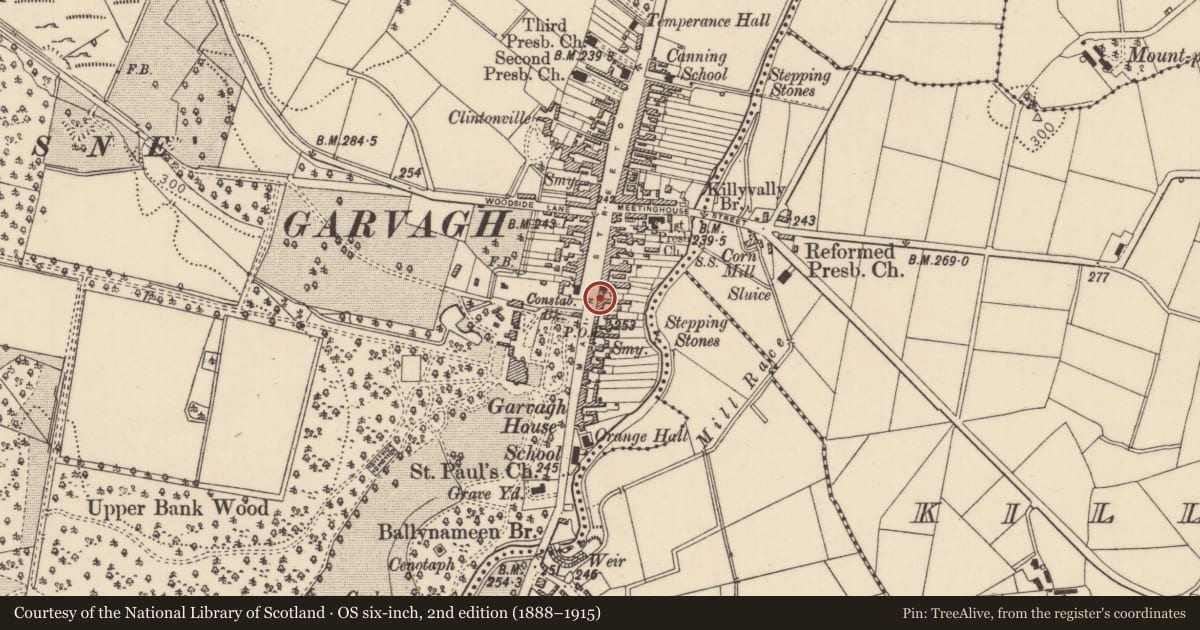 Ordnance Survey six-inch map, 2nd edition (1888–1915) covering the location of 97 Main Street, Garvagh, Causeway Coast and Glens, with a pin at the register's coordinates