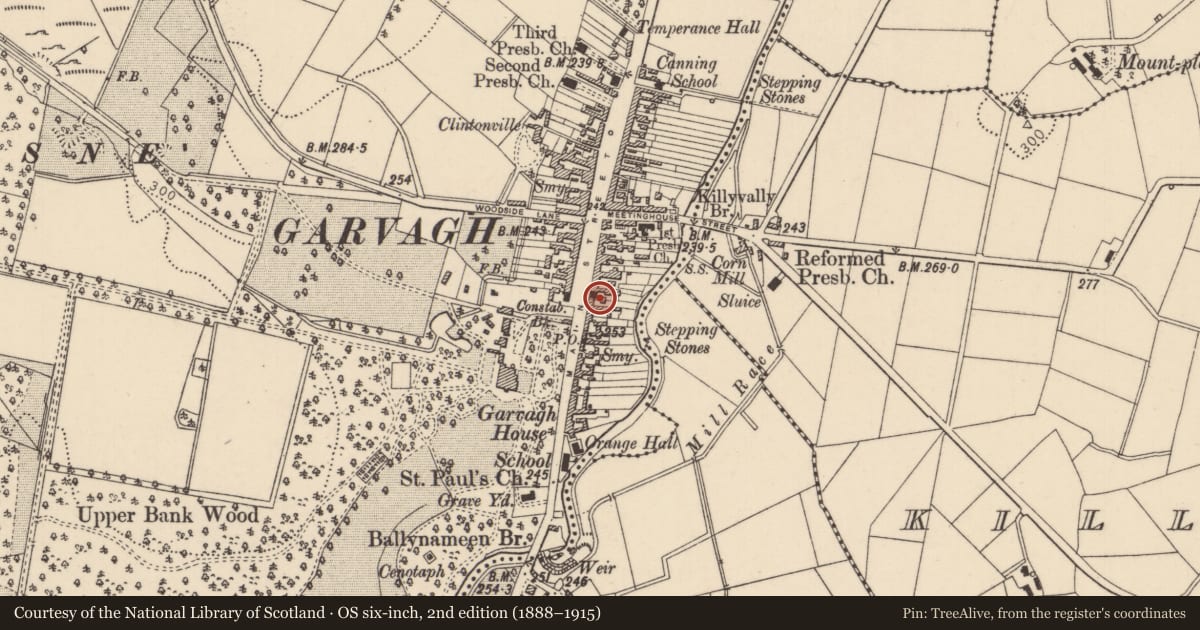 Ordnance Survey six-inch map, 2nd edition (1888–1915) covering the location of 95 Main Street, Garvagh, Causeway Coast and Glens, with a pin at the register's coordinates