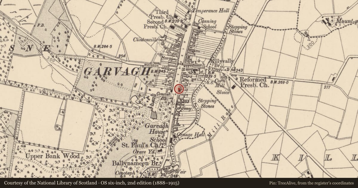 Ordnance Survey six-inch map, 2nd edition (1888–1915) covering the location of 93 Main Street, Garvagh, Causeway Coast and Glens, with a pin at the register's coordinates