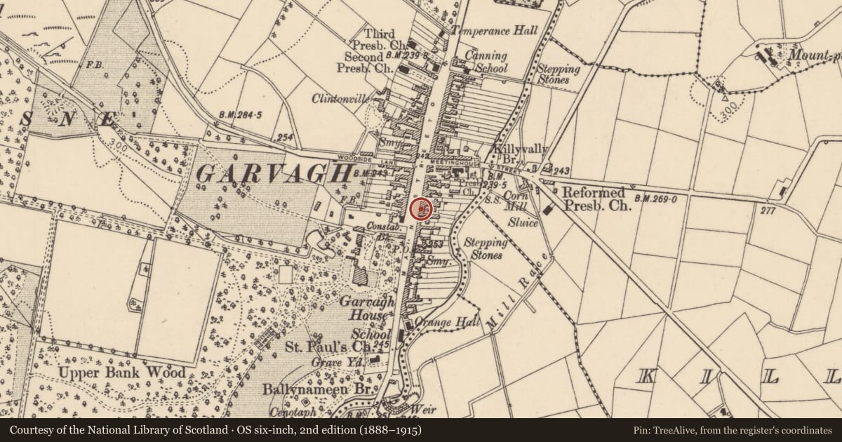 Ordnance Survey six-inch map, 2nd edition (1888–1915) covering the location of 91 Main Street, Garvagh, Causeway Coast and Glens, with a pin at the register's coordinates