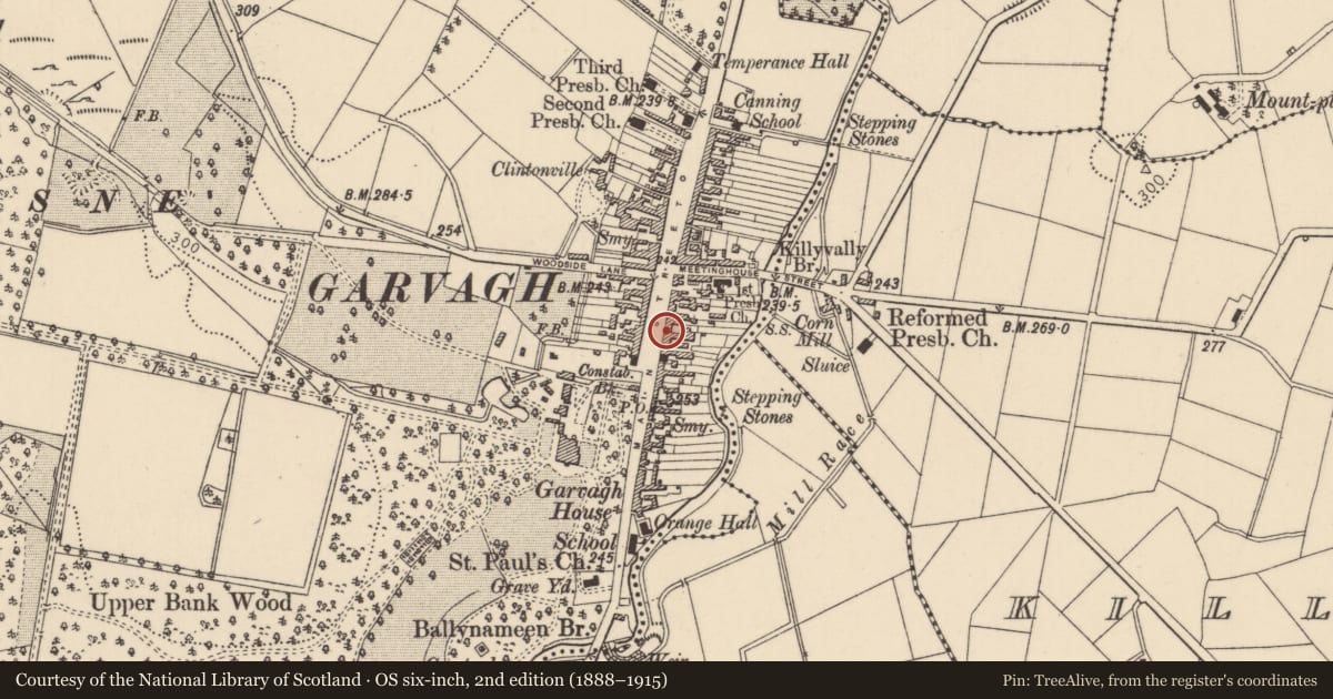 Ordnance Survey six-inch map, 2nd edition (1888–1915) covering the location of 83-89 Main Street, Garvagh, Causeway Coast and Glens, with a pin at the register's coordinates