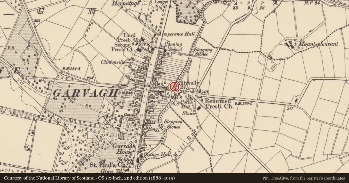 Ordnance Survey six-inch map, 2nd edition (1888–1915) covering the location of Killyvally Bridge, Ballynameen Garvagh, Causeway Coast and Glens, with a pin at the register's coordinates