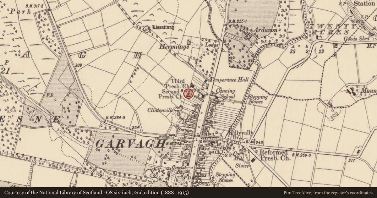 Ordnance Survey six-inch map, 2nd edition (1888–1915) covering the location of Second Presbyterian Church, Garvagh, Causeway Coast and Glens, with a pin at the register's coordinates