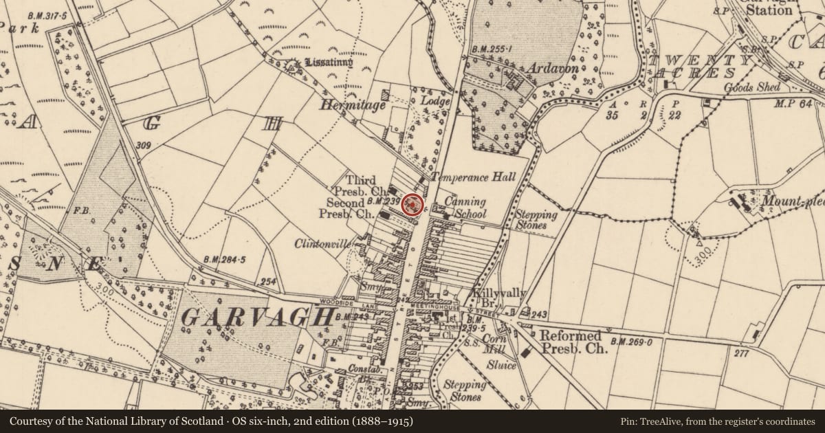 Ordnance Survey six-inch map, 2nd edition (1888–1915) covering the location of Ulster Bank, Garvagh, Causeway Coast and Glens, with a pin at the register's coordinates