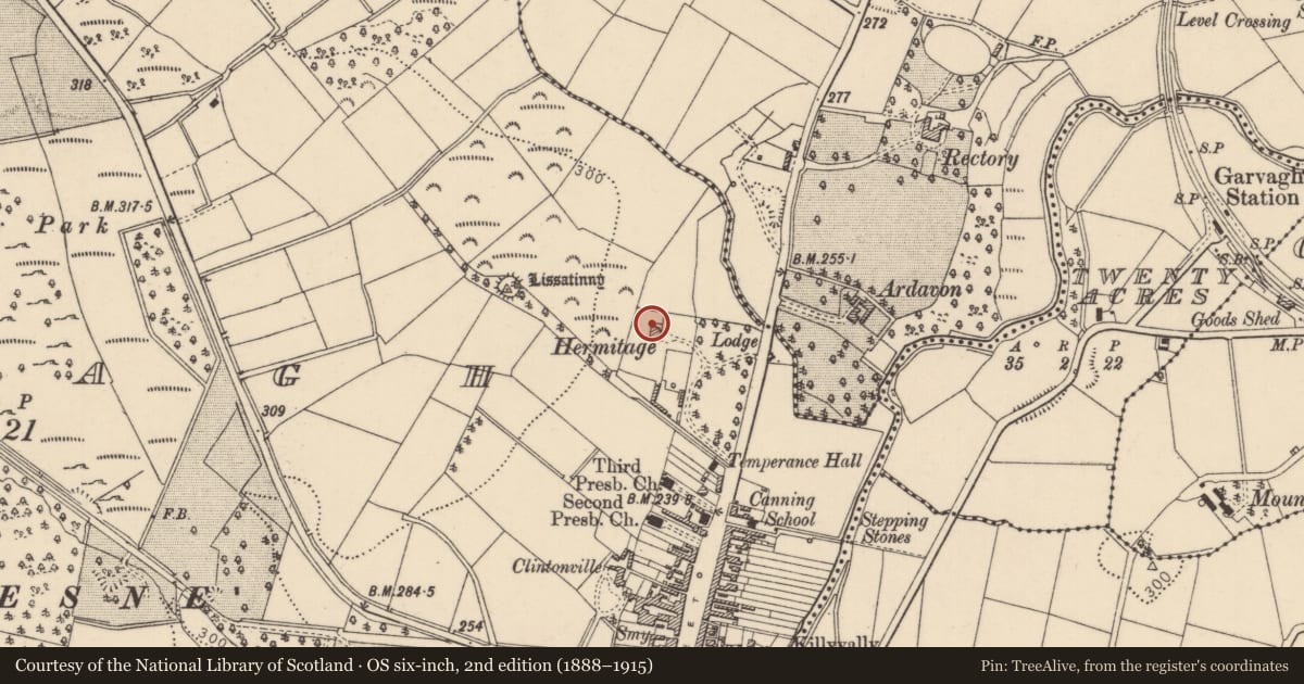 Ordnance Survey six-inch map, 2nd edition (1888–1915) covering the location of Hermitage, Causeway Coast and Glens, with a pin at the register's coordinates