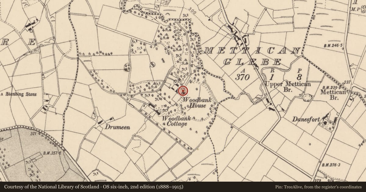 Ordnance Survey six-inch map, 2nd edition (1888–1915) covering the location of Woodbank House, Garvagh, Causeway Coast and Glens, with a pin at the register's coordinates