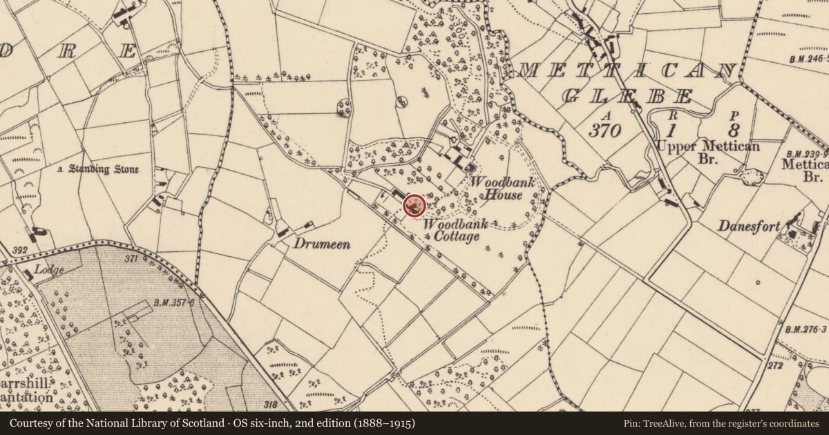 Ordnance Survey six-inch map, 2nd edition (1888–1915) covering the location of Woodbank Cottage, Garvagh, Causeway Coast and Glens, with a pin at the register's coordinates