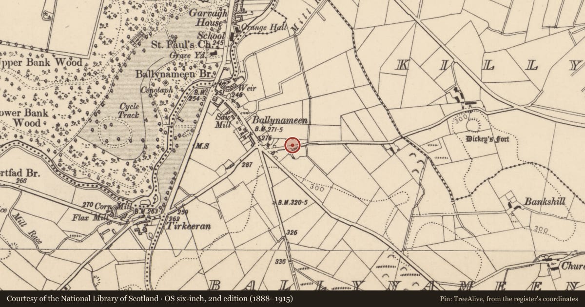 Ordnance Survey six-inch map, 2nd edition (1888–1915) covering the location of 7 Fort Road, Ballynameen, Causeway Coast and Glens, with a pin at the register's coordinates