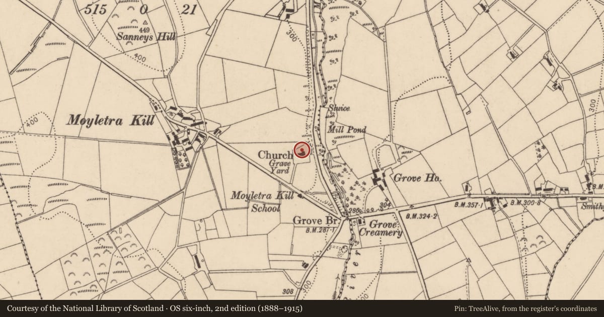 Ordnance Survey six-inch map, 2nd edition (1888–1915) covering the location of Moyletra Parish Church, Moyletra Kill, Causeway Coast and Glens, with a pin at the register's coordinates