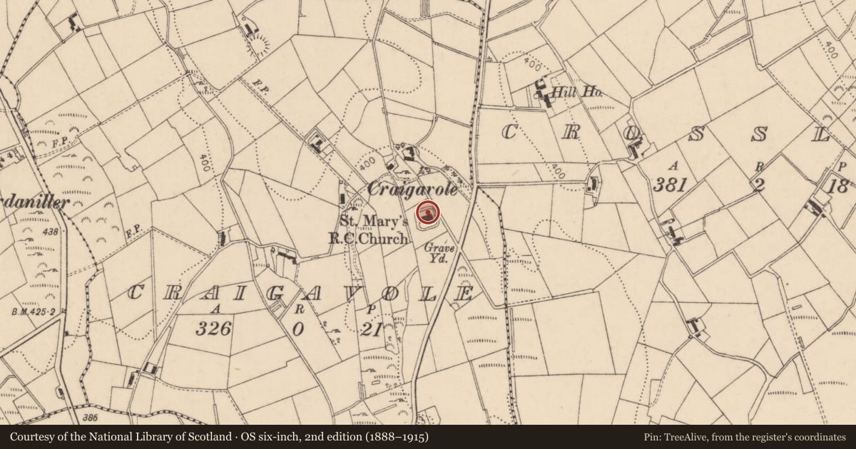 Ordnance Survey six-inch map, 2nd edition (1888–1915) covering the location of St Mary's Roman Catholic Church, Craigavole, Causeway Coast and Glens, with a pin at the register's coordinates