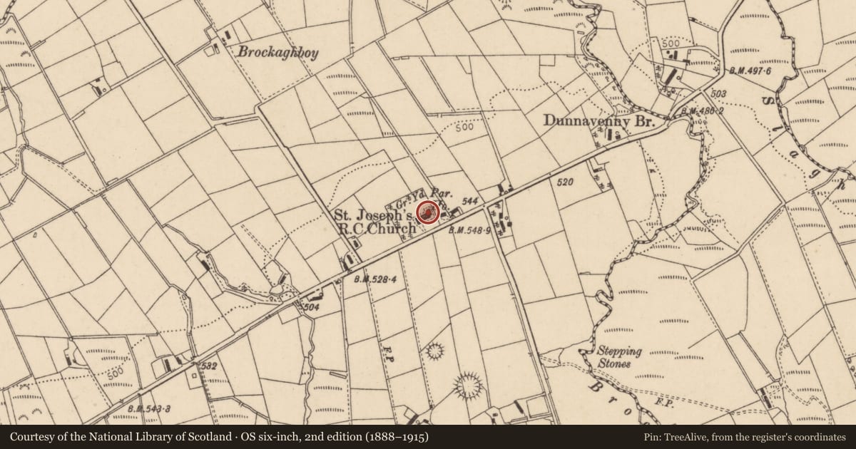 Ordnance Survey six-inch map, 2nd edition (1888–1915) covering the location of St Joseph's Roman Catholic Church, Brockaghboy, Causeway Coast and Glens, with a pin at the register's coordinates