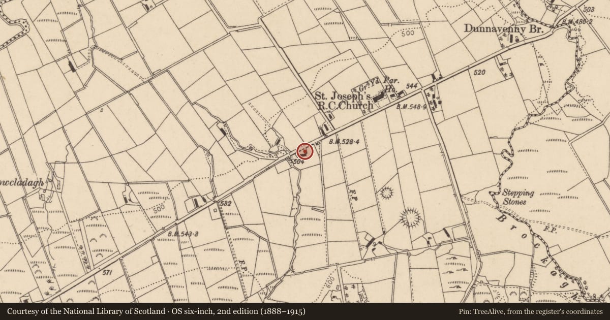 Ordnance Survey six-inch map, 2nd edition (1888–1915) covering the location of 40 Glen Road, Brockaghboy, Causeway Coast and Glens, with a pin at the register's coordinates