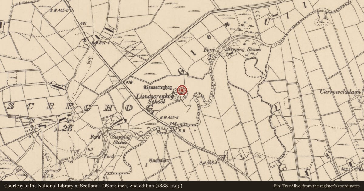 Ordnance Survey six-inch map, 2nd edition (1888–1915) covering the location of Lisnascreghog School, Causeway Coast and Glens, with a pin at the register's coordinates