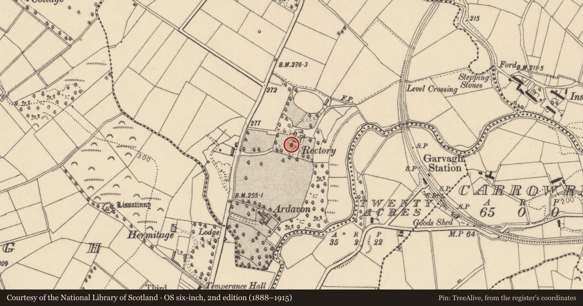 Ordnance Survey six-inch map, 2nd edition (1888–1915) covering the location of The Rectory, Causeway Coast and Glens, with a pin at the register's coordinates