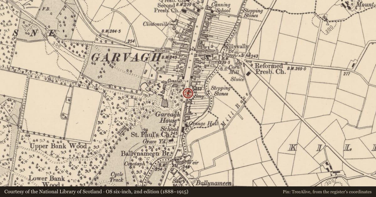 Ordnance Survey six-inch map, 2nd edition (1888–1915) covering the location of 117 Main Street, Causeway Coast and Glens, with a pin at the register's coordinates