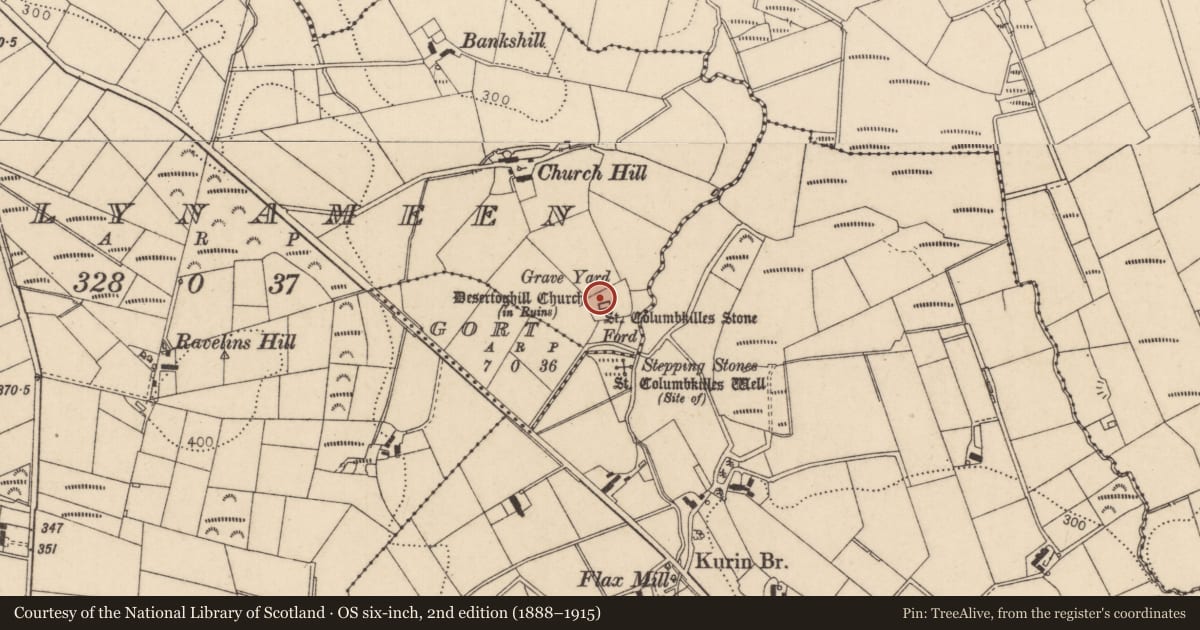 Ordnance Survey six-inch map, 2nd edition (1888–1915) covering the location of Desertoghill Church Ruins, Causeway Coast and Glens, with a pin at the register's coordinates