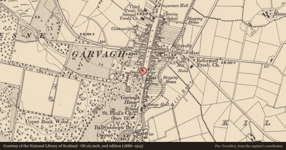 Ordnance Survey six-inch map, 2nd edition (1888–1915) covering the location of War Memorial, Garvagh, Causeway Coast and Glens, with a pin at the register's coordinates