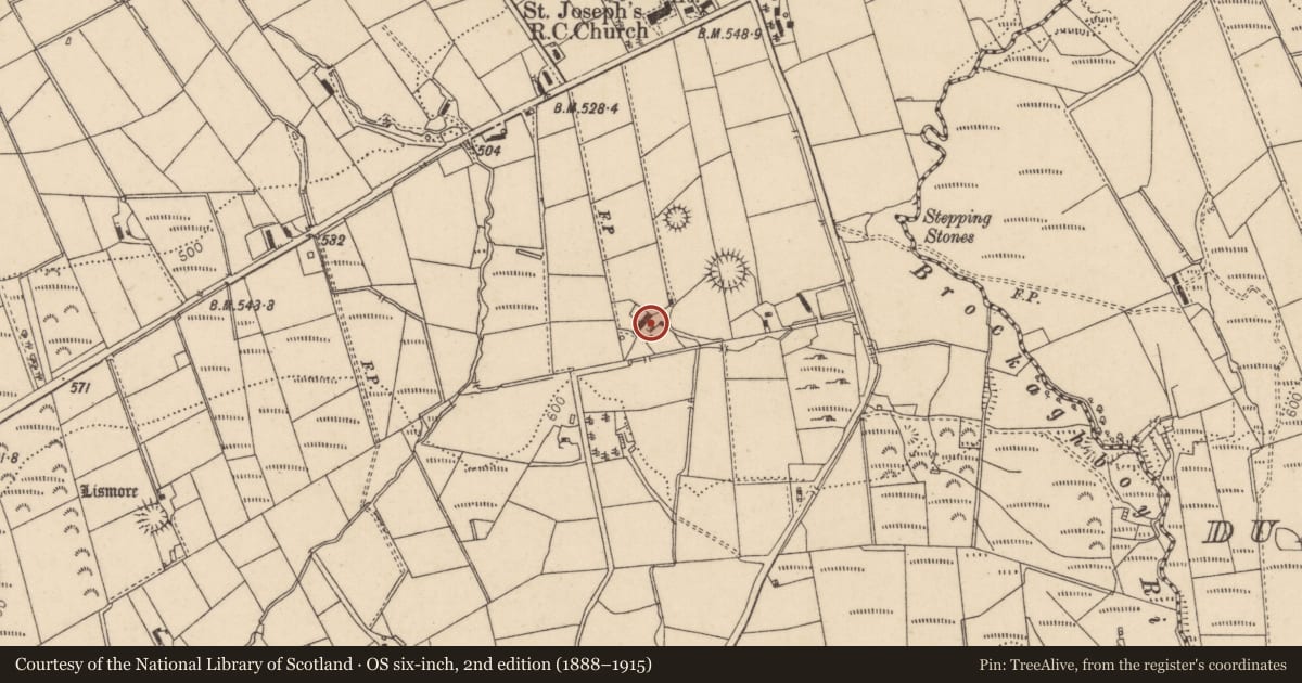 Ordnance Survey six-inch map, 2nd edition (1888–1915) covering the location of 36 Glen Road, Brockaghboy, Causeway Coast and Glens, with a pin at the register's coordinates