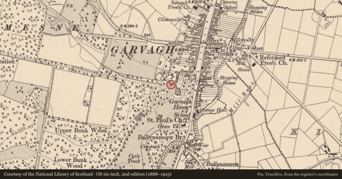 Ordnance Survey six-inch map, 2nd edition (1888–1915) covering the location of Garvagh High School, Causeway Coast and Glens, with a pin at the register's coordinates