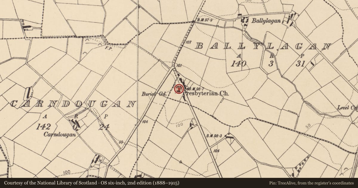 Ordnance Survey six-inch map, 2nd edition (1888–1915) covering the location of Ballylagan Reformed Presbyterian Church, Causeway Coast and Glens, with a pin at the register's coordinates
