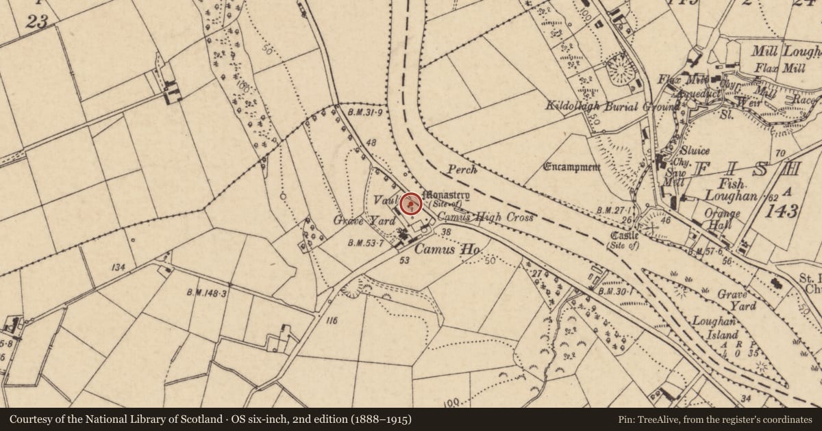 Ordnance Survey six-inch map, 2nd edition (1888–1915) covering the location of Graveyard, Causeway Coast and Glens, with a pin at the register's coordinates