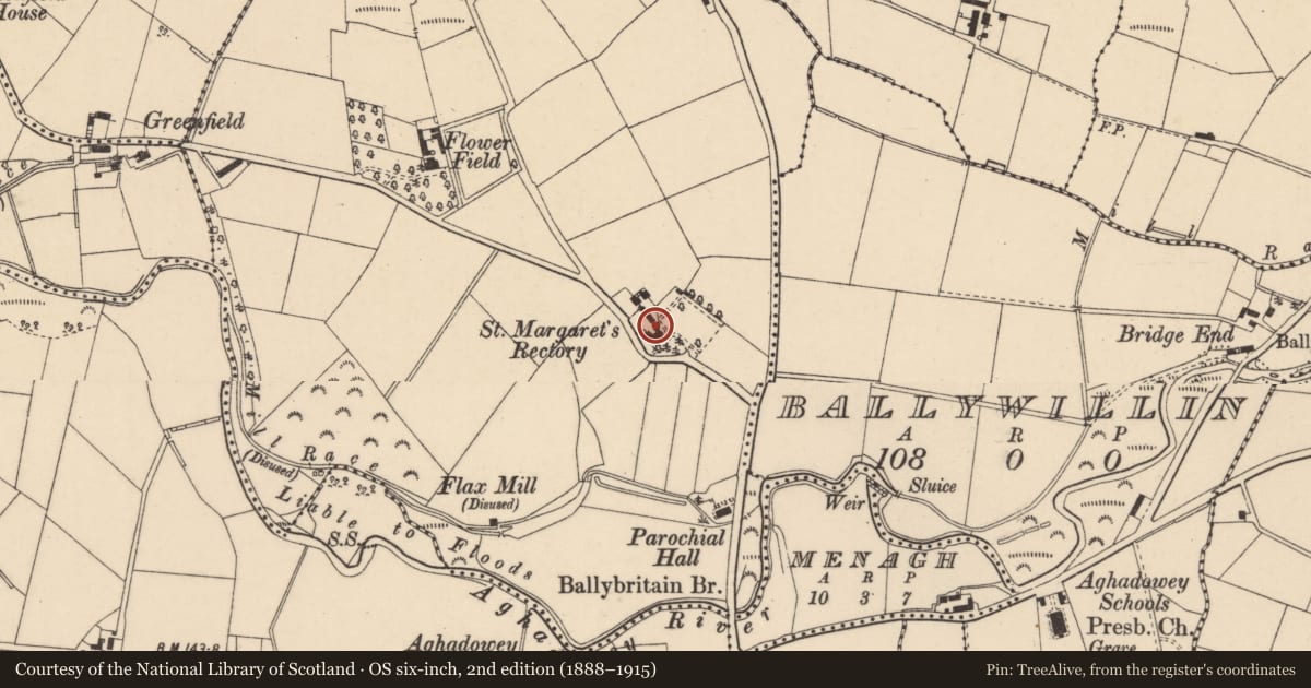 Ordnance Survey six-inch map, 2nd edition (1888–1915) covering the location of St Margaret's Rectory, Ballybritain, Causeway Coast and Glens, with a pin at the register's coordinates