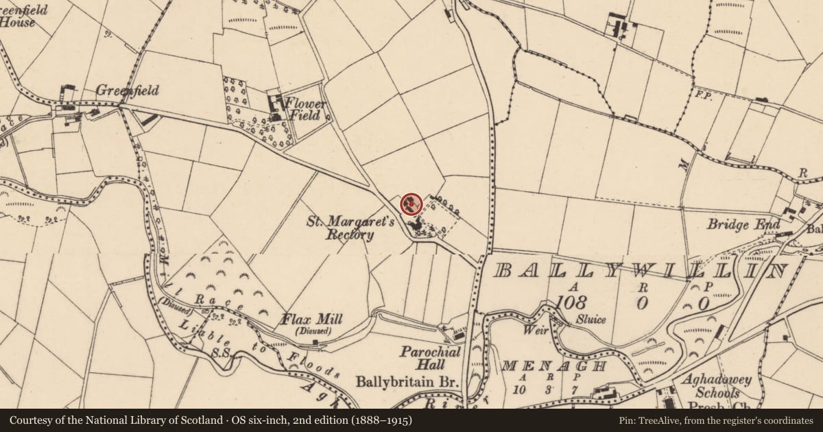 Ordnance Survey six-inch map, 2nd edition (1888–1915) covering the location of Barn, Ballybritain, Causeway Coast and Glens, with a pin at the register's coordinates