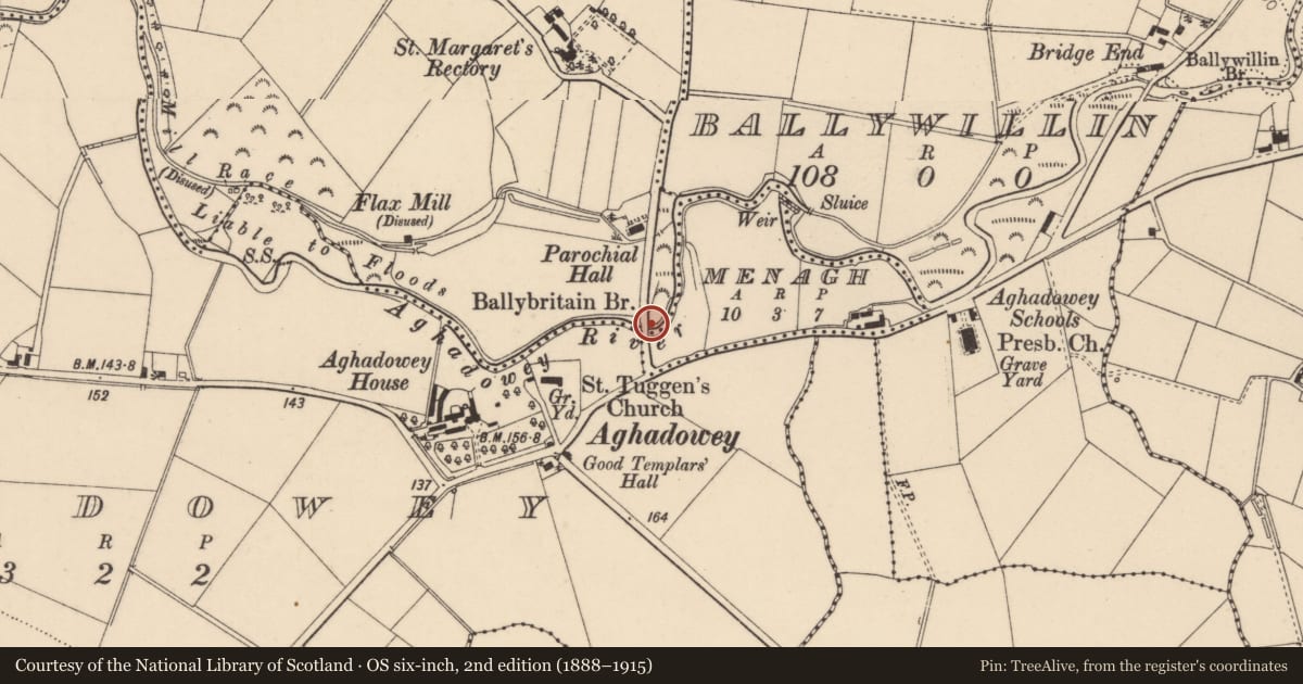 Ordnance Survey six-inch map, 2nd edition (1888–1915) covering the location of Ballybritain Bridge, Aghadowey Ballybritain Menagh, Causeway Coast and Glens, with a pin at the register's coordinates