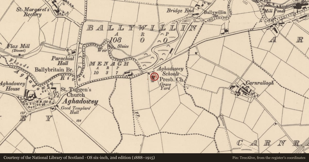 Ordnance Survey six-inch map, 2nd edition (1888–1915) covering the location of Aghadowey Presbyterian Church, Ballywillin, Causeway Coast and Glens, with a pin at the register's coordinates