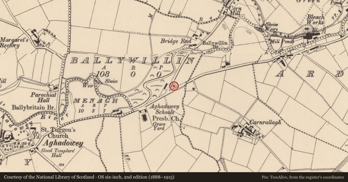 Ordnance Survey six-inch map, 2nd edition (1888–1915) covering the location of War Memorial, Aghadowey, Causeway Coast and Glens, with a pin at the register's coordinates