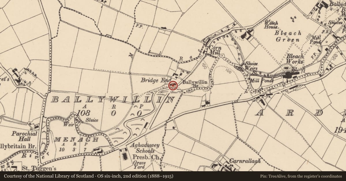 Ordnance Survey six-inch map, 2nd edition (1888–1915) covering the location of Ballywillin Bridge Ballywillin, Causeway Coast and Glens, with a pin at the register's coordinates