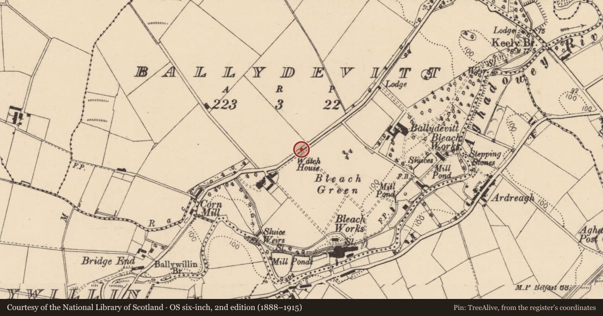 Ordnance Survey six-inch map, 2nd edition (1888–1915) covering the location of Watch House, Ballydevitt, Causeway Coast and Glens, with a pin at the register's coordinates