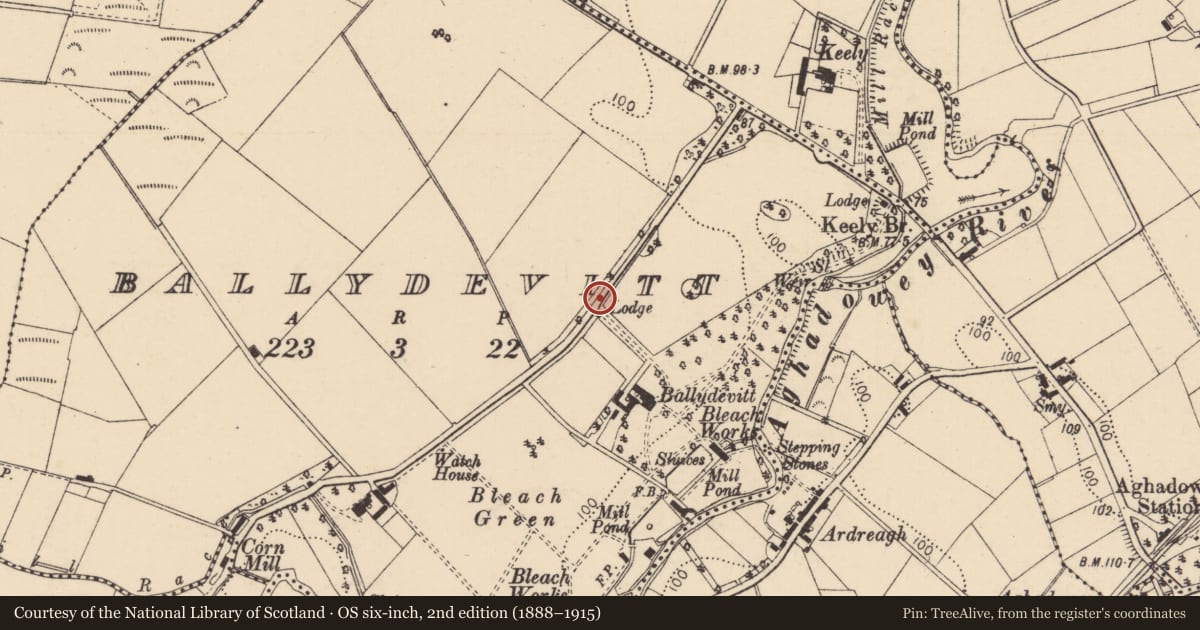 Ordnance Survey six-inch map, 2nd edition (1888–1915) covering the location of Former Gate Lodge, Causeway Coast and Glens, with a pin at the register's coordinates