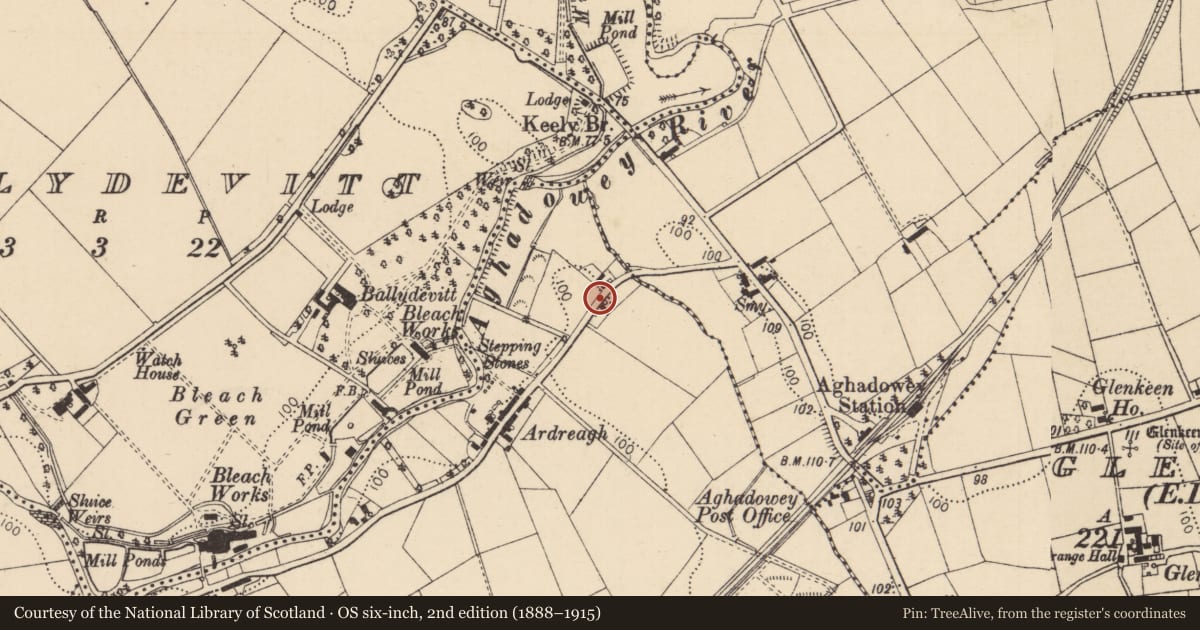 Ordnance Survey six-inch map, 2nd edition (1888–1915) covering the location of 10 Ardreagh Road, Causeway Coast and Glens, with a pin at the register's coordinates