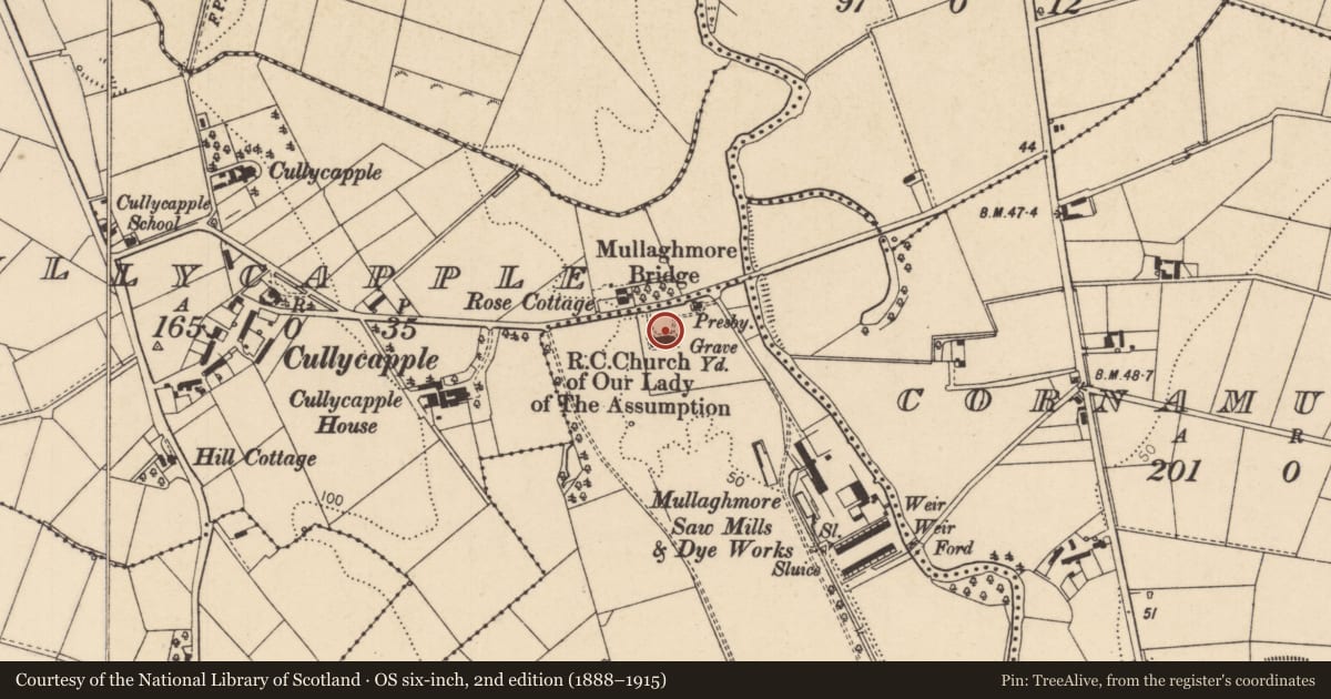 Ordnance Survey six-inch map, 2nd edition (1888–1915) covering the location of Our Lady of the Assumption, Cullycapple, Causeway Coast and Glens, with a pin at the register's coordinates