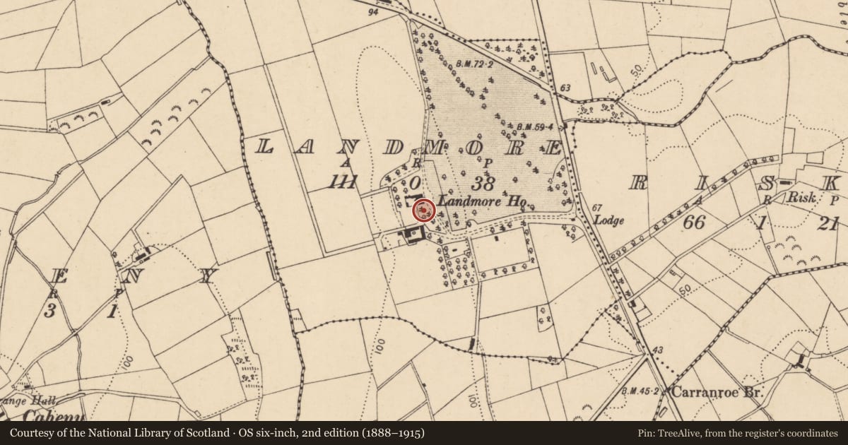 Ordnance Survey six-inch map, 2nd edition (1888–1915) covering the location of Landmore House, Causeway Coast and Glens, with a pin at the register's coordinates