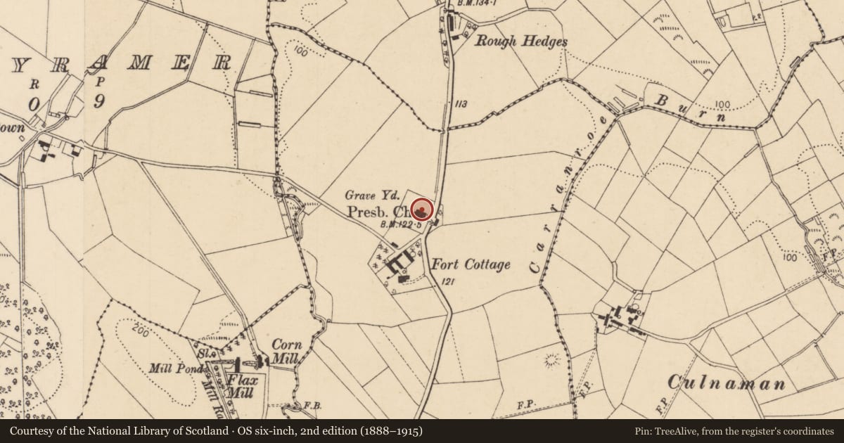 Ordnance Survey six-inch map, 2nd edition (1888–1915) covering the location of Moneydig Presbyterian Church, Causeway Coast and Glens, with a pin at the register's coordinates