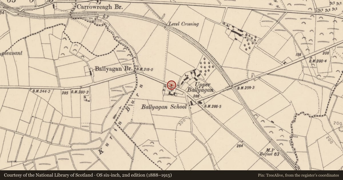 Ordnance Survey six-inch map, 2nd edition (1888–1915) covering the location of 61 Killyvalley Road, Ballyagan, Causeway Coast and Glens, with a pin at the register's coordinates