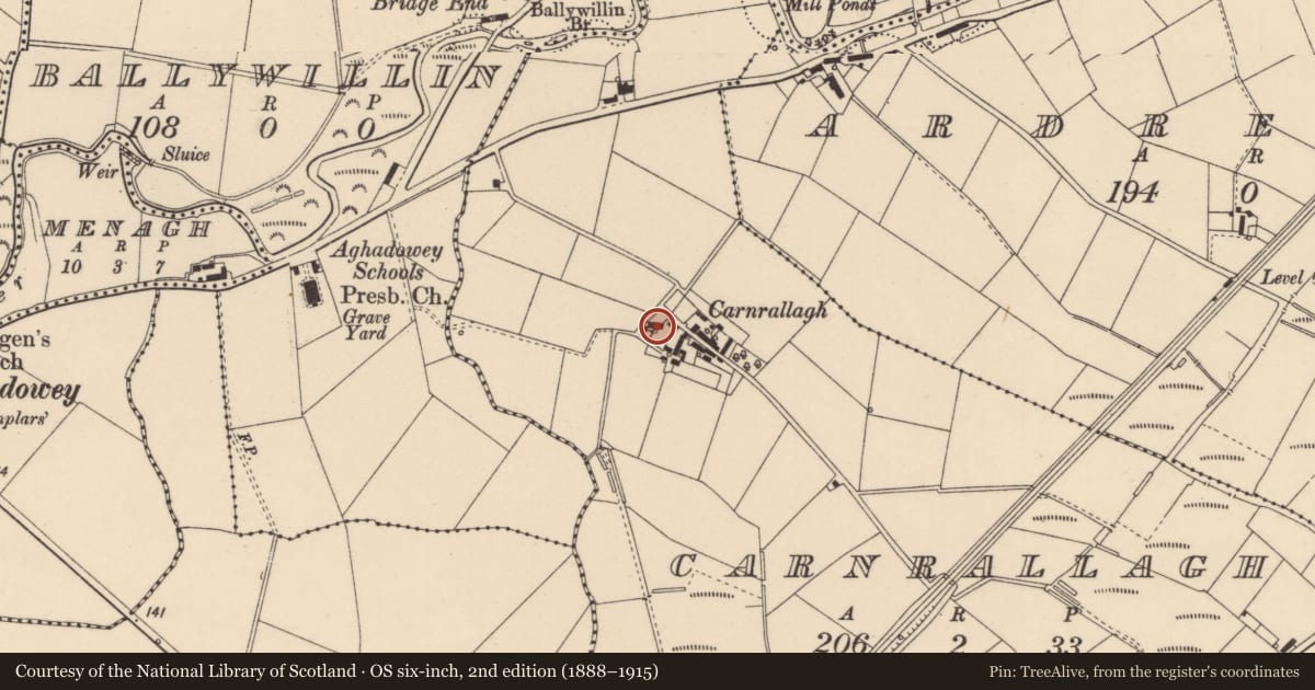 Ordnance Survey six-inch map, 2nd edition (1888–1915) covering the location of 58 Ardreagh Road, Causeway Coast and Glens, with a pin at the register's coordinates