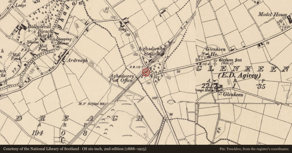 Ordnance Survey six-inch map, 2nd edition (1888–1915) covering the location of 1 Mullaghinch Road, Causeway Coast and Glens, with a pin at the register's coordinates