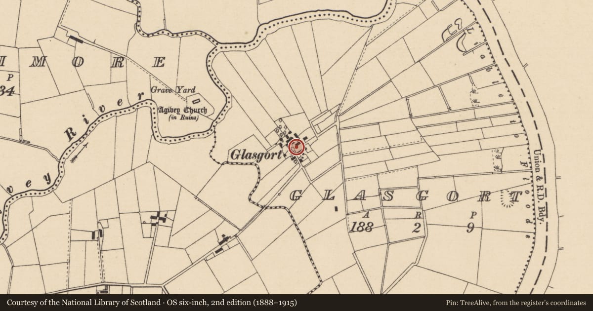 Ordnance Survey six-inch map, 2nd edition (1888–1915) covering the location of 34 Glasgort Road, Causeway Coast and Glens, with a pin at the register's coordinates
