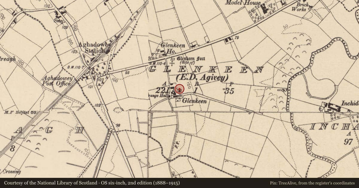 Ordnance Survey six-inch map, 2nd edition (1888–1915) covering the location of Glenkeen Road, Causeway Coast and Glens, with a pin at the register's coordinates