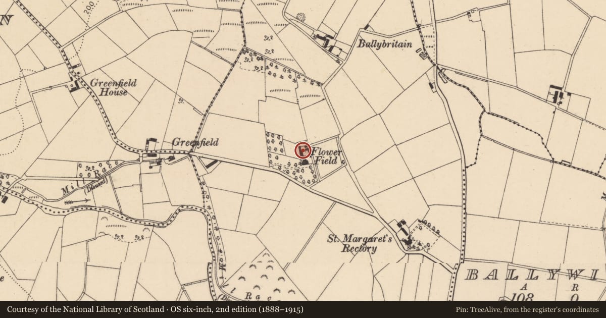 Ordnance Survey six-inch map, 2nd edition (1888–1915) covering the location of Flowerfield House, Ballybritain, Causeway Coast and Glens, with a pin at the register's coordinates