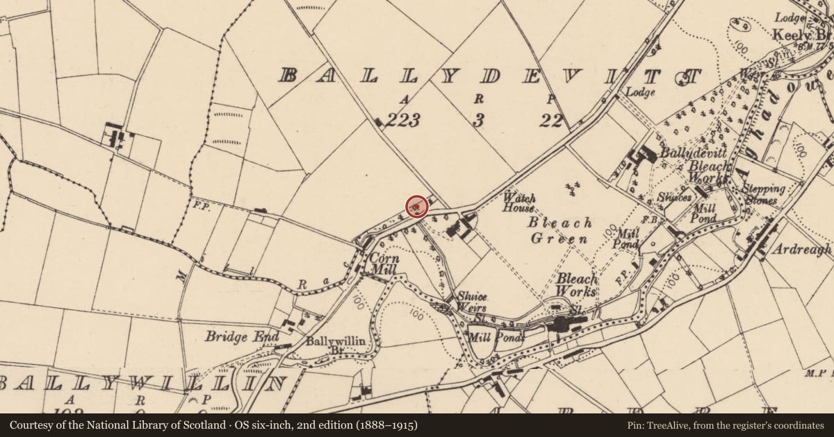 Ordnance Survey six-inch map, 2nd edition (1888–1915) covering the location of Ballydevitt Gate Lodge, Causeway Coast and Glens, with a pin at the register's coordinates