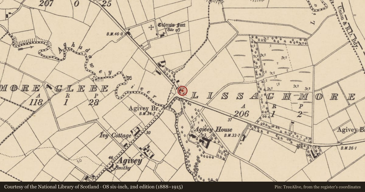 Ordnance Survey six-inch map, 2nd edition (1888–1915) covering the location of Culcrow Post Office, Lissaghmore, Causeway Coast and Glens, with a pin at the register's coordinates