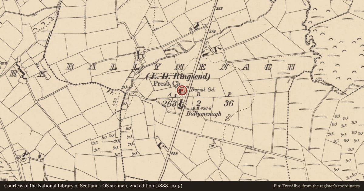 Ordnance Survey six-inch map, 2nd edition (1888–1915) covering the location of Ringsend Presbyterian Church, Ballymenagh, Causeway Coast and Glens, with a pin at the register's coordinates