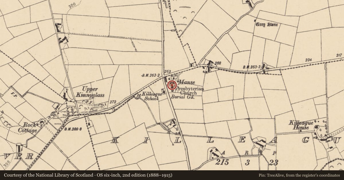 Ordnance Survey six-inch map, 2nd edition (1888–1915) covering the location of Killeague Presbyterian Church, Causeway Coast and Glens, with a pin at the register's coordinates