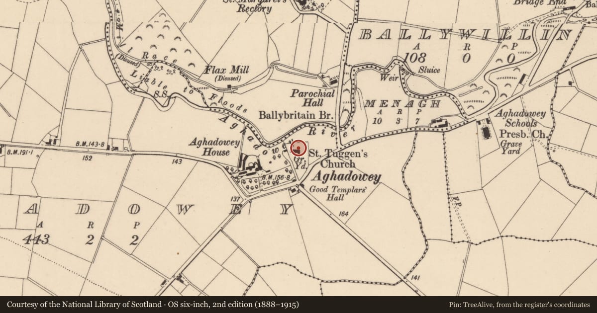 Ordnance Survey six-inch map, 2nd edition (1888–1915) covering the location of St Guaires Church, Aghadowey, Causeway Coast and Glens, with a pin at the register's coordinates